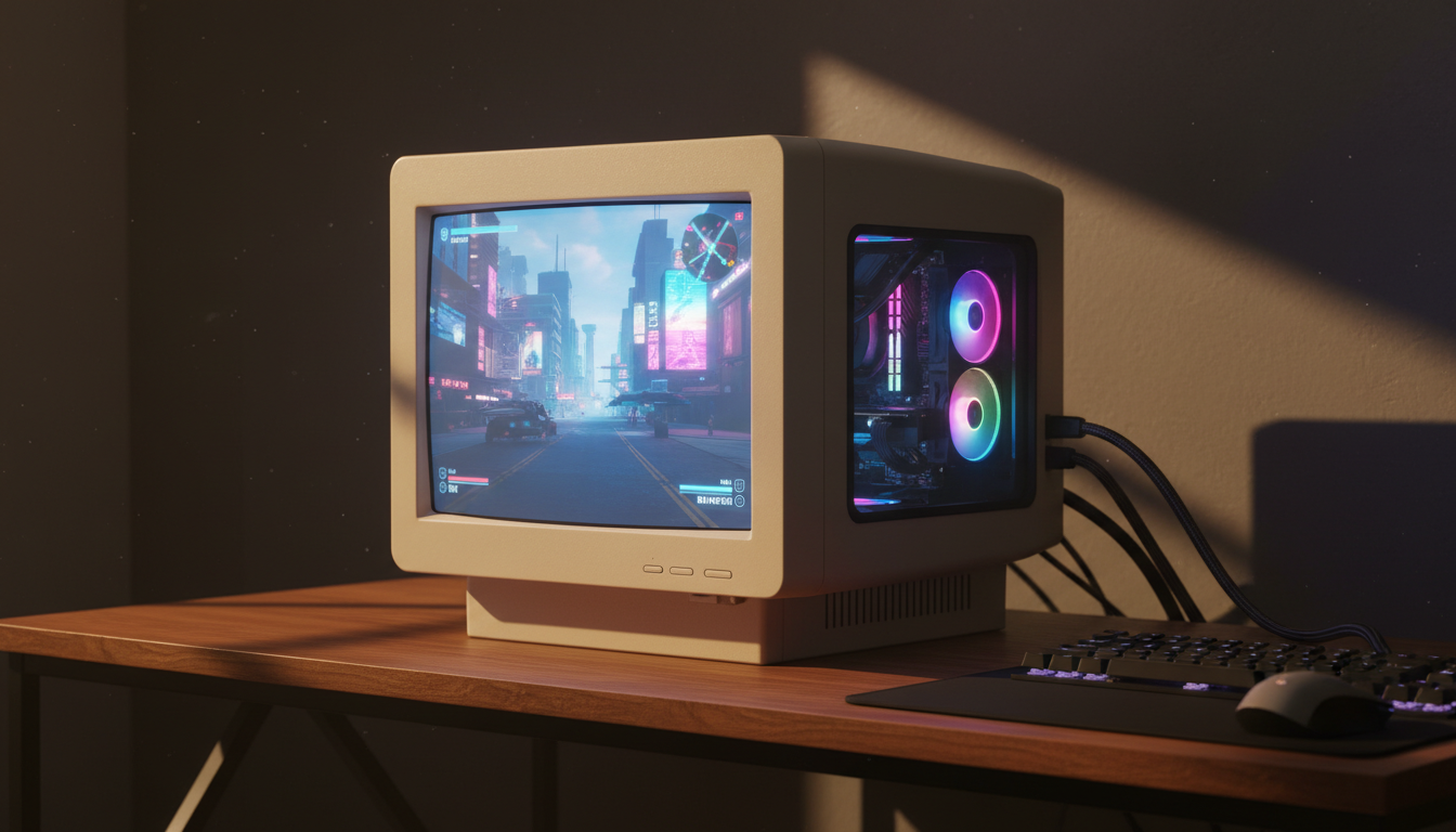 Dışı Nostaljik CRT Monitör, İçi Canavar: Cyberpunk 2077 Oynatan Özel Kasa Tasarımı